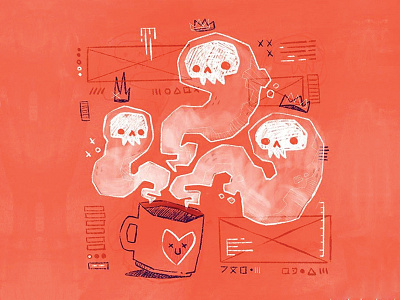 Coffee or Die blake stevenson character design coffee crown cute editorial illustration ghost heart hipster illustration jetpacks and rollerskates mug raw scribble skull street art ui ux