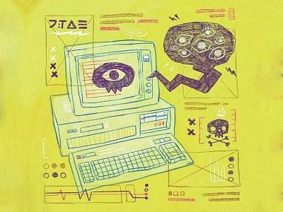 It's in the Machine 80s 90s analytics blake stevenson computer cyberpunk eyes hipster ibm illustration ios jetpacks and rollerskates lightning bolt monitor retro scribble skull typography ui ux