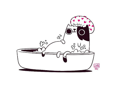 Bathing fat cat 2 colors animal bath blake stevenson bowl bubbles cartoon cat character design cute hearts hipster illustration jetpacks and rollerskates kids retro shower cap silkscreen silly ux