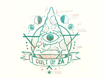 Cult of Za (Pizza) 80s character design creepy cult cute eye hipster illustration jetpacks and rollerskates moon occult pizza retro skull witchcraft