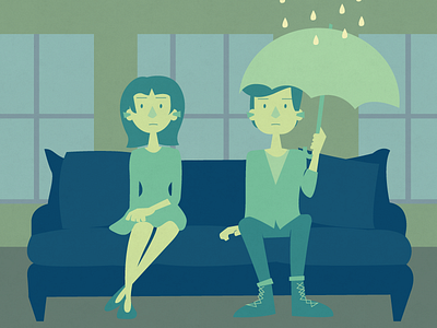 We Should Buy A House apartment couch couple green illustration rain teal umbrella