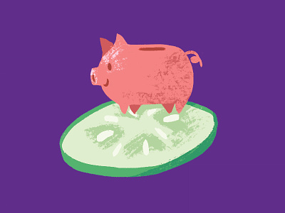 Pig Surfing on Cucumber bank cucumber food illustration money pig piggy bank slice texture