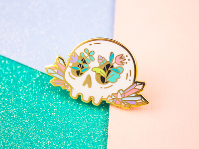 Crystal Skull crystal enamel pin floral flowers gem gold halloween pin pink plants prism skull