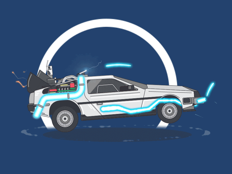 88 MPH 1.21 gigawatts 88mph animation back to the future car delorean doc brown flat illustration lightning marty mcfly time machine