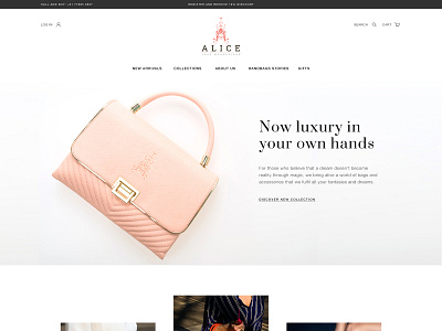 Alice Homepage Design clean and simple handbags landing page ui logo luxury branding minimal photography typography ui ux design webpage website
