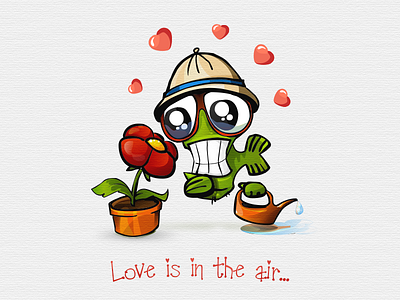 Love is in the air big fish character eyes flower heart love pink vector