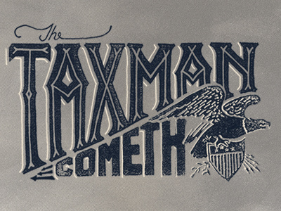 Taxman Cometh arrow blue eagle grey handwritten script shield taxman typography