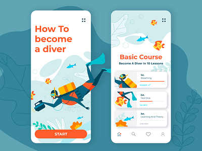 Diver))) colorful, but summer is comming app colorful digital illustration diving flat design learning app man mobile sport app ui ux