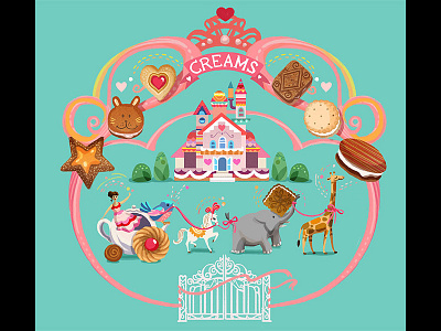 Biscuit Tin Illustration animals bird biscuit cookies cream sandwich cute elephant giraffe horse jelly tea woman