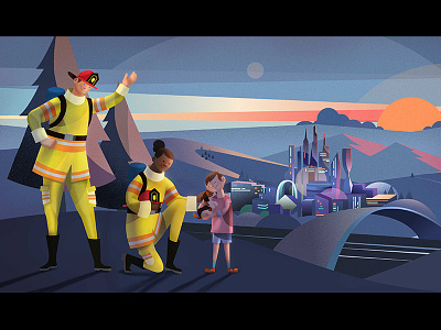 Cityscape Honda automotive boy character design characters firefighters futuristic honda puppy robotics