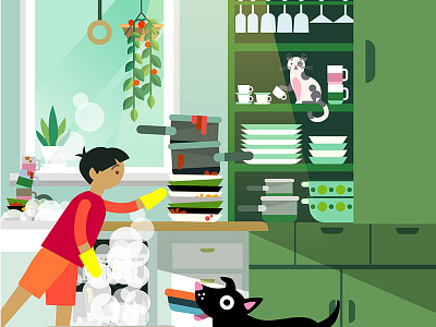 Skandiabanken app illustration boy cat dishes dog home illustration kitchen lifestyle norway teenager