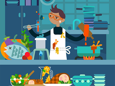Skandiabanken app illustration boy cooking dinner food ham kitchen lemonade salad stylised teenager vector