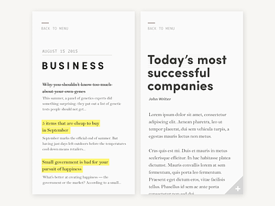 Minimal news feed/reader v.3 clean color editorial highlight minimal mobile news reader text type typography yellow