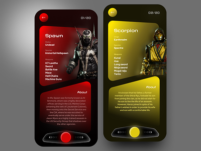Mortal kombat character app app design dark ui dribbble best shot figma game charater games glass effect glassmorphism ui