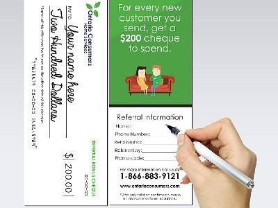 Ontario Consumers Home Services Cheque Mailer advertising copywriting creative direction graphic design mailer marketing print