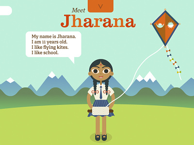 Meet Jharana cartoon kite landscape nepal ngo non profit parallax schoolgirl scroll speech bubble splash.org vector