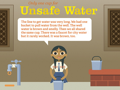 Unsafe Water bucket cartoon faucet nepal ngo non profit parallax schoolgirl scroll splash splash.org tap vector well window
