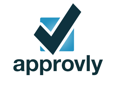Approvly Logo black blue box check gradient helvetica bold logo mark stroke text