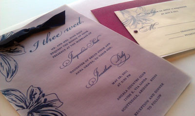 J+J Wedding Invites assembly custom cut hand-assembly ink ipf500 line made stamp velum