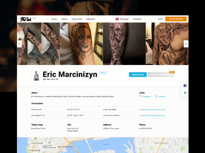Artist Profile marketplace profile tattoo tattoo artist ui web web design