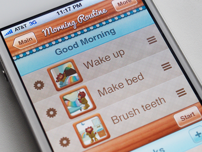 Good Morning app gui interface ios iphone kids kids app texture wood