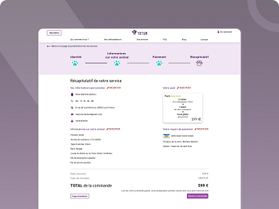 Shopping funnel adobe animal e commerce funnel overview paw pet purple récapitulatif service stepper ui uxdesign webdesign