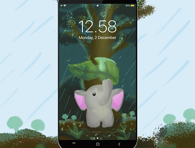 Smartphone Wallpaper - Elephant in the rain adobe photoshop cute animal cute design digital art drawing elephant illustration mobile design phone design