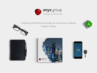 Company Profile Brochure - Onyx Group bifold brochure catalog company profile graphic design iphone mockup office plant printing square brochure trifold