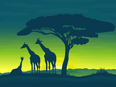 Africa africa animals giraffes illustration sunrise tree vector