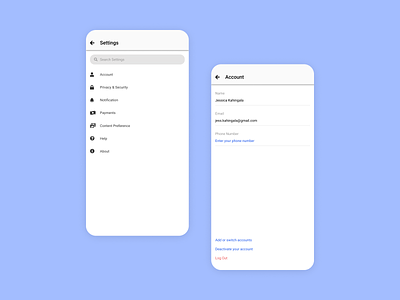 Daily UI 07 - Settings account account details app settings daily ui enter data figma inner page list logout menu mobile settings mobileui search setting settings social media text field typography ui user profile