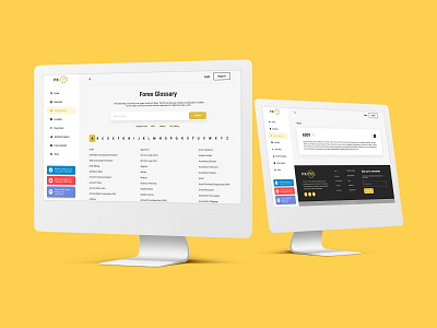 Forex Glossary Page - Redesign Concept alphabet black and yellow dictionary educationl faqs figma investors newsletter register search bar side menu traders uiux web web design website bottom section widgets word definition word list words
