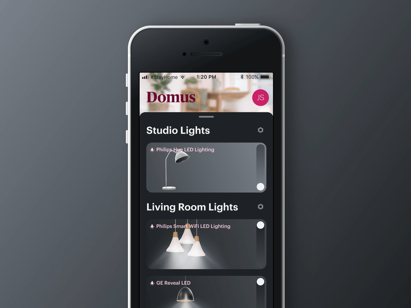 Domus — Home Automation App app automation dailyui design domotic figma figmadesign house iphone se lamps lights onoff onoffswitch switch ui ux