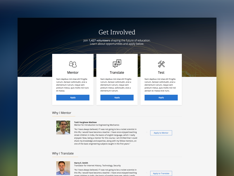 Coursera - Get Involved applications apply signup education volunteer landing pages edtech coursera