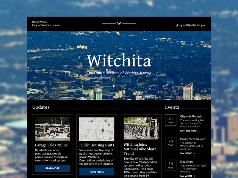 Witchita, Kansas City Website gentium lato typography high-end dark theme high contrast midwest kansas govtech government