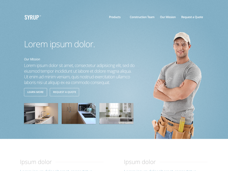 Syrup Construction friendly simple navigation whitespace thumbnails modern light-themed blue construction landing page