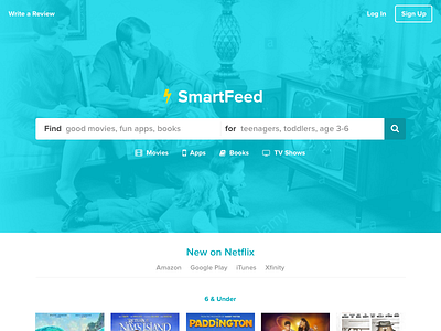 SmartFeed - Better Content for Your Kids amazon children content homepage kids landing page media netflix search teal webapp