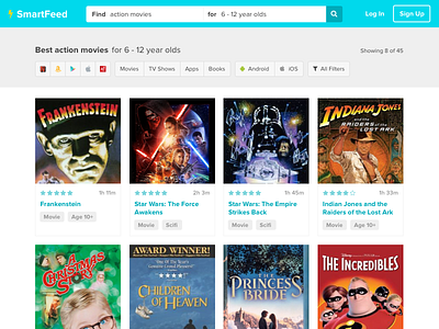 SmartFeed Directory - Helping Parents Find Great Content amazon cards children directory dropdown filters grid kids media netflix sort teal