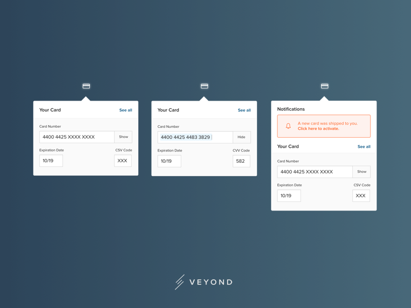 Flyout Design transaction banking credit card notifications commercial business sleek professional tooltips hide pop-ups flyouts