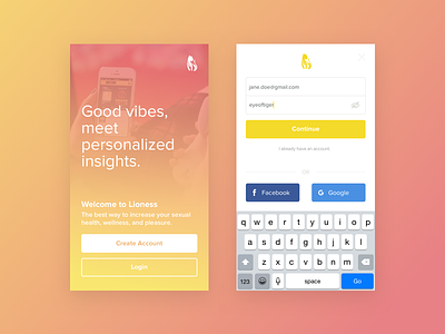 Lioness - iOS Landing & Login app gradients health ios login sex signup vibrator welcome women