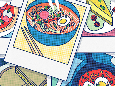 Wriggly foodie details breakfast eggs food foodie illustration photos pie pizza polaroids ramen sandwich soup