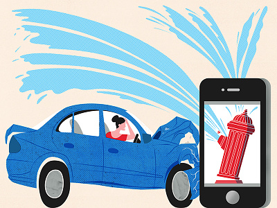 Your Distracted Life - Don't Text and Drive car crash drawing halftone illustration person phone prevention tech texture water