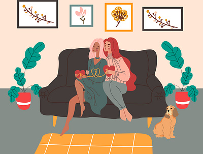 Two girls in their house are sitting on the couch and hugging. branding design feminism flat illustration illustrator lgbt minimal typography vector web website