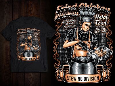 Fried Chicken Kitchen, Cheff illustration T-shirt Design