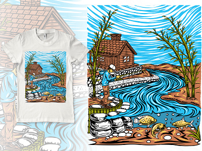 illustration of fishing in the River T-shirt Design