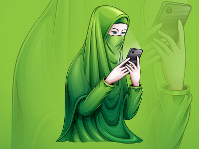 Illustration of a muslim woman holding cellphone