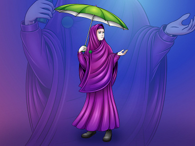 Illustration of a muslim woman holding umbrella