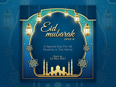 Happy eid mubarak post design with lantern, islamic background