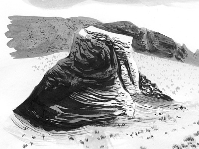 Rocks of Ft Rock bend bw drawing illustration landscape oregon pnw