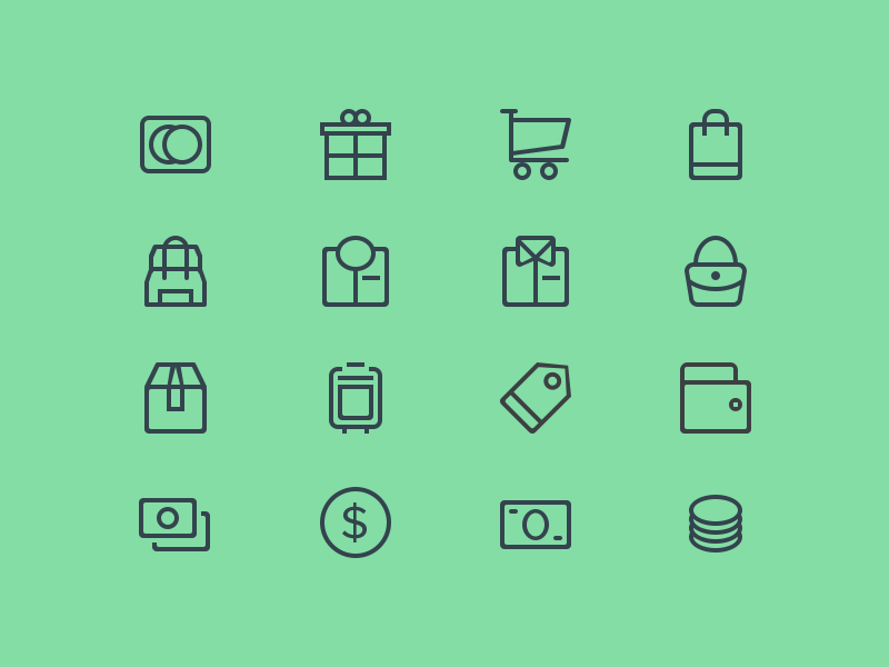 Budicon - Ecommerce line iconography icon glyph budicon ecommerce finance wallet credit card money bag icon set