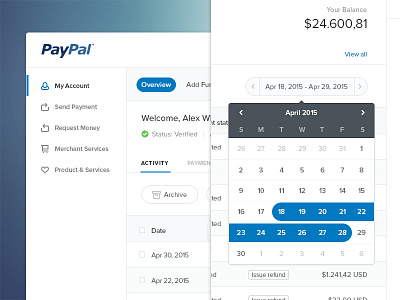 Paypal Redesign buditanrim calendar clean dashboard minimal paypal product design ui ux web website widget